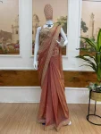 DESIGNER FENDY SATIN EMBROIDERY LACE BORDER WORK READY TO WEAR SAREE WITH STITCHED BLOUSE PEACH
