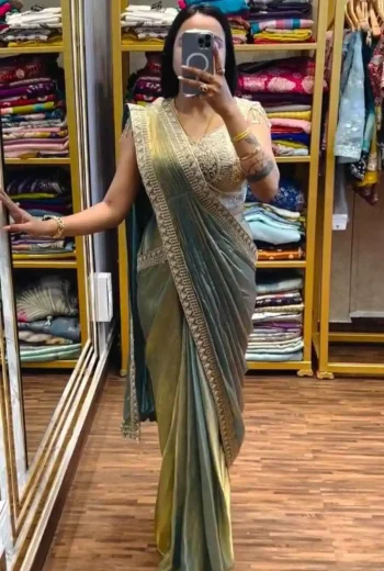 DESIGNER FENDY SATIN EMBROIDERY SEQUENCE WORK READY TO WEAR SAREE WITH STITCHED BLOUSE MINT
