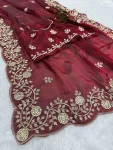 DESIGNER FENDY SATIN EMBROIDERY WORK AND MULTI THREAD WORK WITH ARC CUT WORK BORDER SAREE WITH UNSTITCHED BLOUSE MAROON