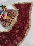 DESIGNER FENDY SATIN SILK EMBROIDERY SEQUENCE & CODING WITH CUT WORK BORDER SAREE WITH STITCHED BLOUSE MAROON
