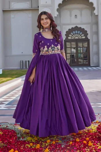 DESIGNER FENDY SILK CODING SEQUENCE & BEADS EMBROIDERY WORK GOWN WITH DUPATTA PURPLE