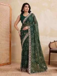 DESIGNER GEORGETTE BANDHEJ PRINT WITH CUTWORK LACE BORDER WORK SAREE WITH UNSTITCHED BLOUSE GREEN