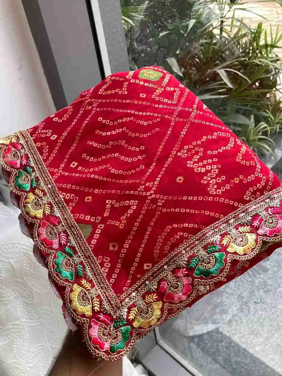 1DESIGNER GEORGETTE BANDHEJ PRINT WITH CUTWORK LACE BORDER WORK SAREE WITH UNSTITCHED BLOUSE FESTIVE WEAR WHOLESALE PRICE ETHNIC GARMENT (9)