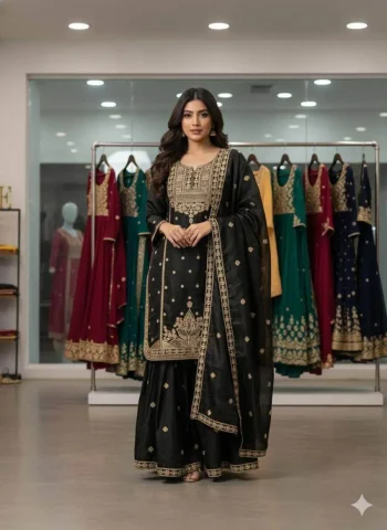 DESIGNER GMY SILK CODING SEQUENCE EMBROIDERY WORK TOP SHARARA WITH DUPATTA BLACK