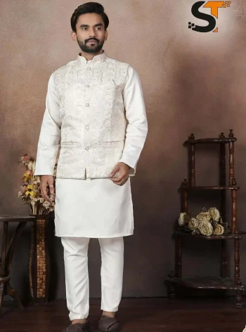 DESIGNER MALAI SATIN KURTA PAYJAMA WITH JACQUARD KOTI OFF WHITE