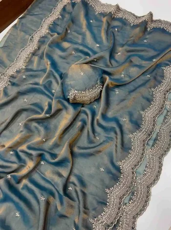 DESIGNER MOSS SILK MULTI EMBROIDERY WITH CUT BORDER AND DIAMOND WORK SAREE WITH UNSTITCHED BLOUSE SKY