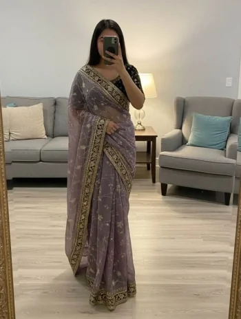 DESIGNER MOSS SILK SEQUENCE AND ZARI EMBROIDERY WITH VELVET LACE BORDER WORK SAREE WITH UNSTITCHED BLOUSE PURPLE