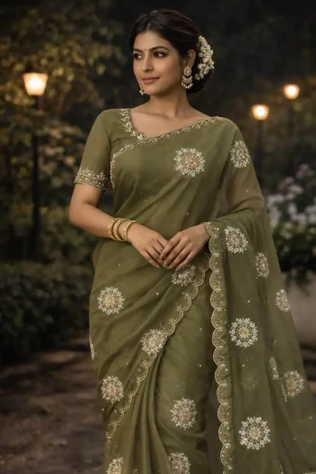 DESIGNER ORGNAZA HAND JARKHAN AND DIAMOND WORK SAREE WITH UNSTITCHED BLOUSE MEHNDI