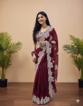 DESIGNER RANGOLI SILK EMBROIDERY WORK SAREE WITH UNSTITCHED BLOUSE WINE