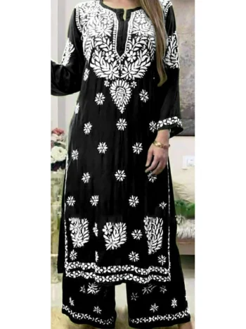 DESIGNER RAYON COTTON EMBROIDERY WORK KURTI PALAZZO SET BLACK