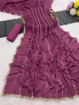 DESIGNER SATIN CHIFFON EMBROIDERY 3 MM SEQUENCE WORK HEAVY BORDER WORK SAREE WITH UNSTITCHED BLOUSE WINE