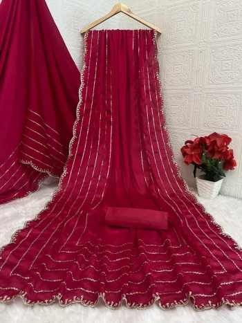 DESIGNER SATIN CHIFFON EMBROIDERY 3 MM SEQUENCE WORK HEAVY BORDER WORK SAREE WITH UNSTITCHED BLOUSE RANI