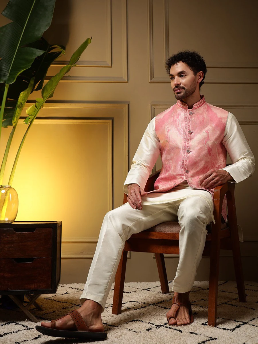 1DESIGNER SLUB SILK PLAIN MEN'S KURTA PAYJAMA WITH 3D WEAVING WORK KOTI PARTY WEAR WHOLESALE PRICE ETHNIC GARMENT (27)