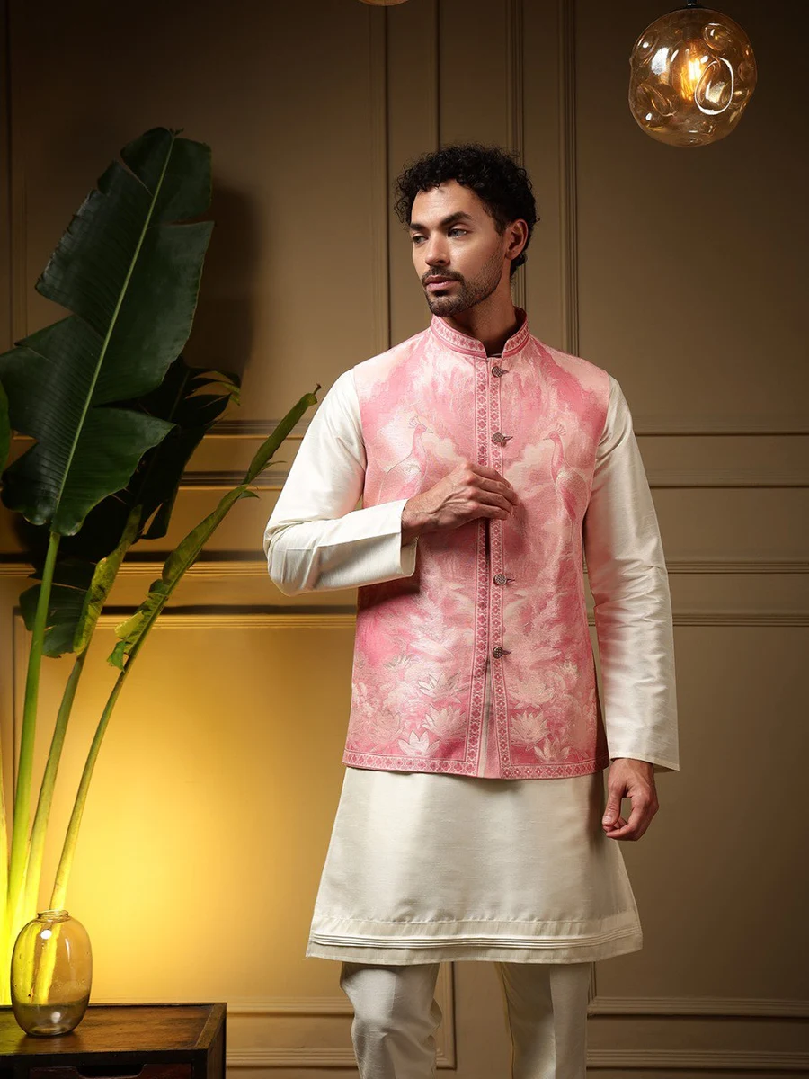 1DESIGNER SLUB SILK PLAIN MEN'S KURTA PAYJAMA WITH 3D WEAVING WORK KOTI PARTY WEAR WHOLESALE PRICE ETHNIC GARMENT (29)