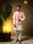 DESIGNER SLUB SILK PLAIN MEN'S KURTA PAYJAMA WITH 3D WEAVING WORK KOTI BABY PINK