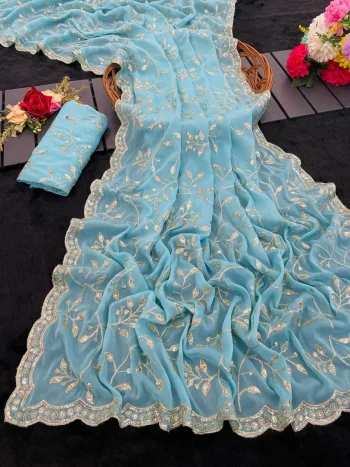 DESIGNER STAR GEORGETTE EMBROIDERY SEQUENCE WORK SAREE WITH UNSTITCHED BLOUSE SKY