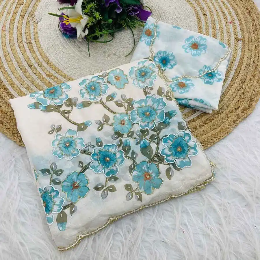 1DESIGNER TABBY ORGANZA FLORAL PRINTS WITH BEADS AND CUT DANA HANDWORK SAREE WITH UNSTITCHED BLOUSE PARTY WEAR WHOLESALE PRICE ETHNIC GARMENT (3)