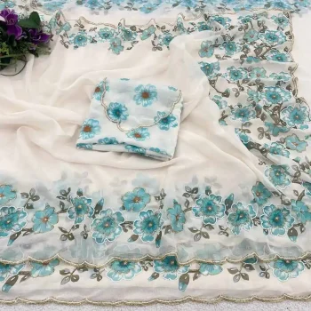 DESIGNER TABBY ORGANZA FLORAL PRINTS WITH BEADS AND CUT DANA HANDWORK SAREE WITH UNSTITCHED BLOUSE SKY