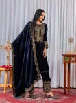 DESIGNER VELVET EMBROIDERY SEQUENCE WORK TOP BOTTOM WITH DUPATTA NAVY BLUE