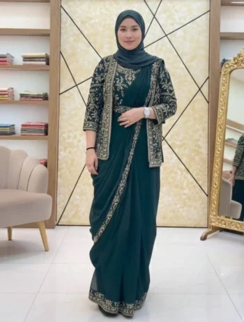 FANCY GEORGETTE EMBROIDERY WORK READY TO WEAR SAREE WITH STITCHED BLOUSE AND KOTI WITH WASIT BELT GREEN