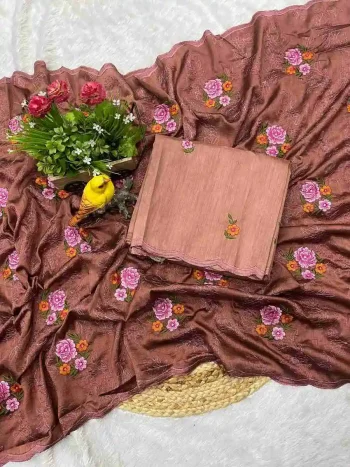 FANCY MANIPURI SILK MULTI THREAD EMBROIDERY WORK WITH CUTWORK SAREE WITH UNSTITCHED BLOUSE CHIKU