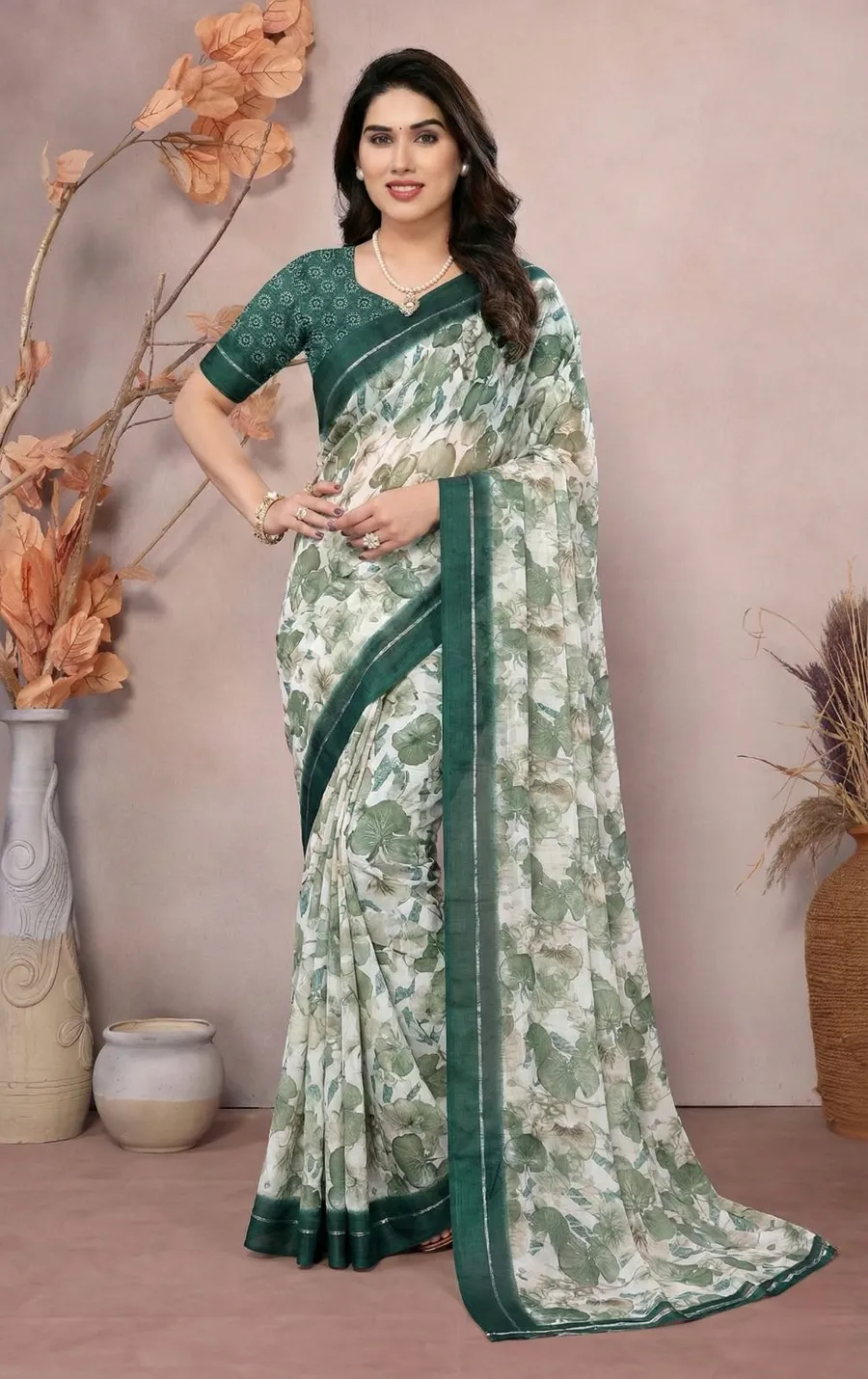 1FANCY MOSS SATIN PRINTED WORK SAREE WITH UNSTITCHED BLOUSE FESTIVE WEAR WHOLESALE PRICE ETHNIC GARMENT (4)