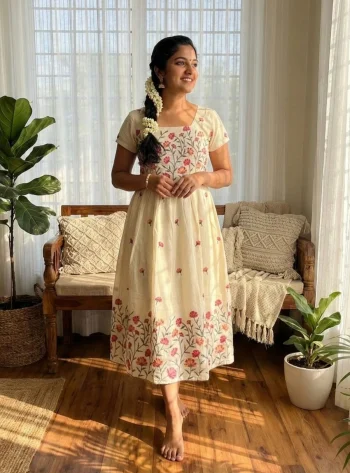 FANCY MUL COTTON EMBROIDERY WORK ONE PIECE DRESS OFF WHITE AND PINK