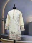 FANCY ROMAN SHIMMER MULTI EMBROIDERY WORK WITH DOUBLE GOLDEN SEQUENCE WORK MEN'S KURTA PAYJAMA CREAM