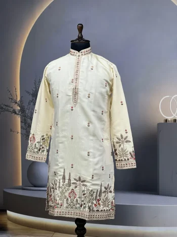 FANCY ROMAN SHIMMER MULTI EMBROIDERY WORK WITH DOUBLE GOLDEN SEQUENCE WORK MEN'S KURTA PAYJAMA CREAM