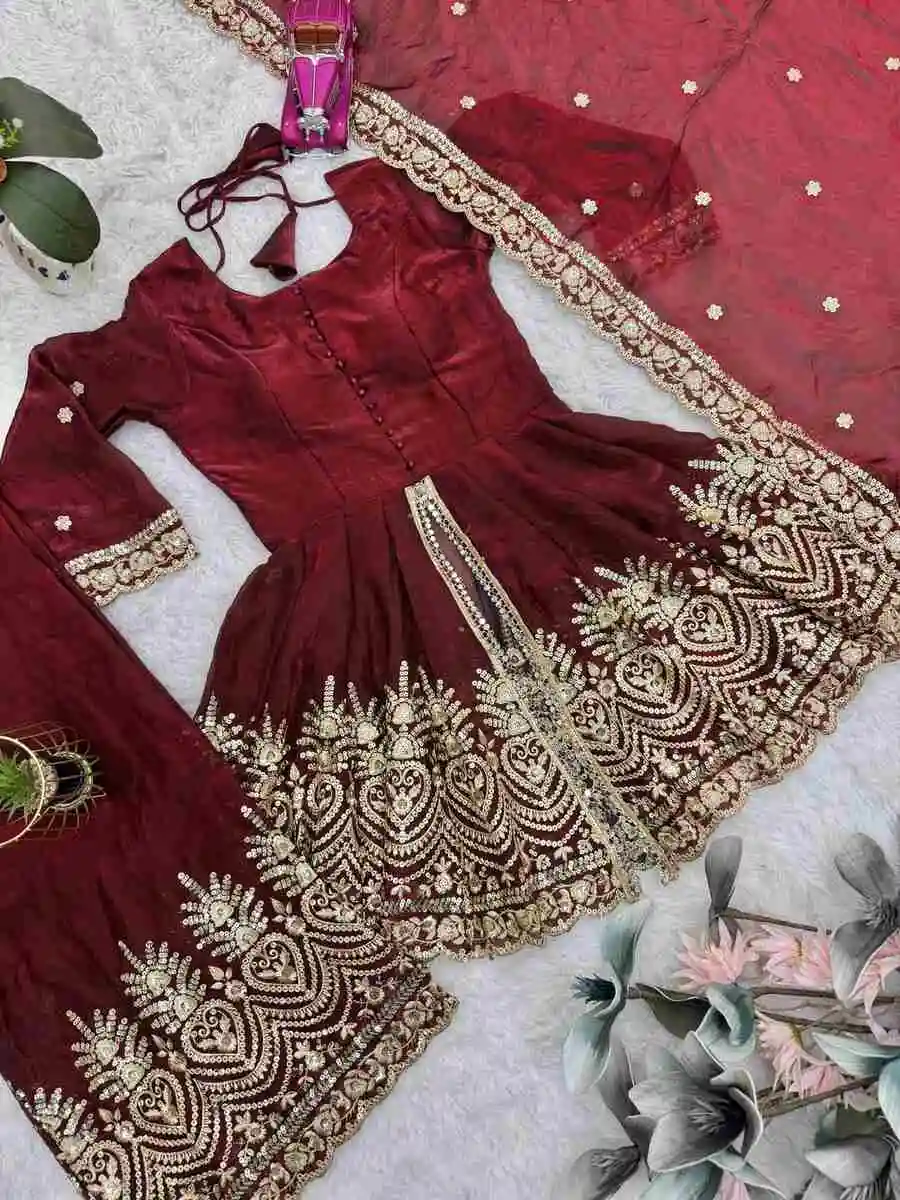 1FANCY SATIN SILK EMBROIDERY SEQUENCE WITH REAL MIRROR WORK TOP PALAZZO WITH DUPATTA PARTY WEAR WHOLESLE PRICE ETHNIC GARMENT (12)