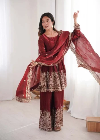 FANCY SATIN SILK EMBROIDERY SEQUENCE WITH REAL MIRROR WORK TOP PALAZZO WITH DUPATTA  MAROON