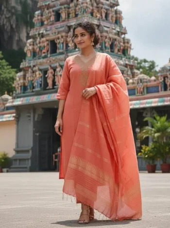 FANCY SLUB COTTON EMBROIDERY WORK TOP BOTTOM WITH DUPATTA PEACH