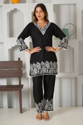 FANCY TESLA COTTON SLUB EMBROIDERY WORK CO-ORD SET BLACK