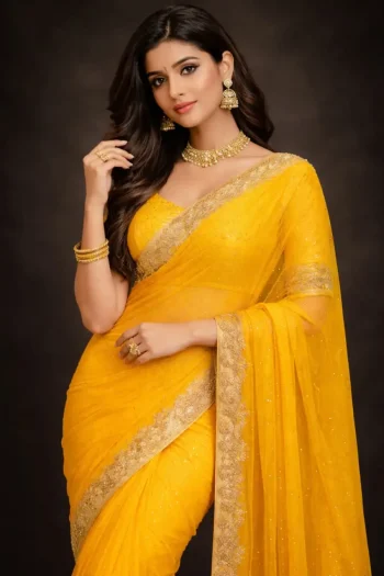 LATEST GEORGETTE DIAMOND WORK SAREE WITH UNSTITCHED BLOUSE YELLOW