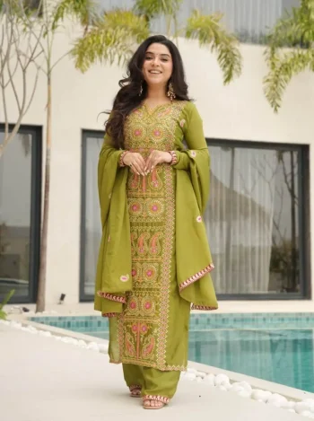 MODERN CHINON ZARI MULTI & THREAD EMBROIDERY WORK TOP BOTTOM WITH DUPATTA GREEN