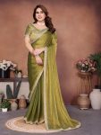 MODERN FENDY CHIFFON BEADS EMBROIDERY LACE BORDER WORK SAREE WITH UNSTITCHED BLOUSE MEHNDI