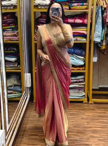 MODERN FENDY SATIN EMBROIDERY SEQUENCE WORK READY TO WEAR SAREE WITH STITCHED BLOUSE PEACH