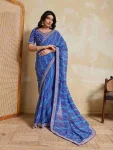MODERN GEORGETTE LAHERIYA BANDHEJ PRINT WITH LACE BORDER WORK SAREE WITH UNSTITCHED BLOUSE BLUE