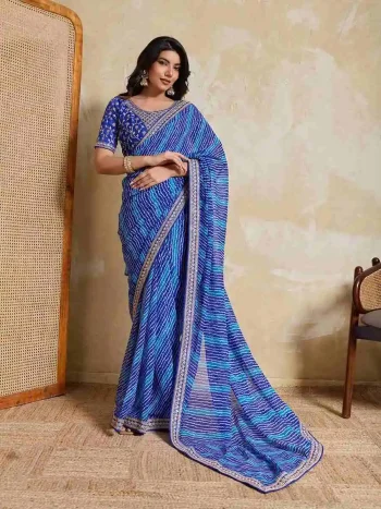 MODERN GEORGETTE LAHERIYA BANDHEJ PRINT WITH LACE BORDER WORK SAREE WITH UNSTITCHED BLOUSE BLUE