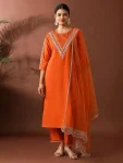 MODERN ROMAN EMBROIDERY WORK TOP BOTTOM WITH DUPATTA ORANGE