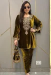MODERN VELVET EMBROIDERY WORK TOP PENT SET MUSTARD