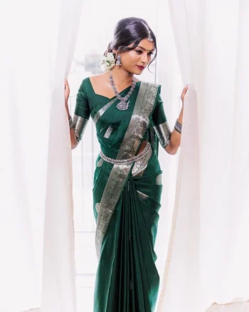 MOST PICKED LICHI SILK JACQUARD WORK SAREE WITH UNSTITCHED BLOUSE GREEN