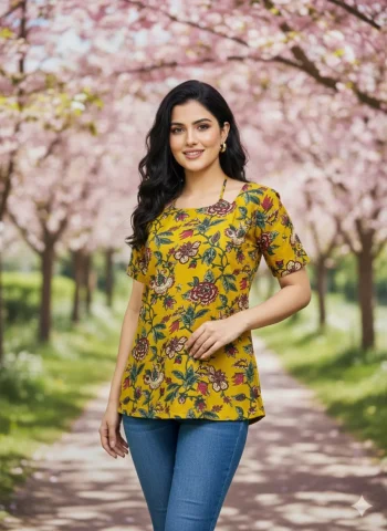 NEW ARRIVAL COTTON FLORAL PRINT WORK ONLY TOP YELLOW