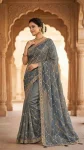 NEW ARRIVAL MOSS SILK SEQUENCE EMBROIDERY WORK WITH CUT BORDER WORK SAREE WITH UNSTITCHED BLOUSE GREY