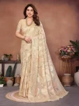 NEW ARRIVAL PASHMINA SILK KASHMIRI THREAD WOVEN PALLU WITH HEAVY RAJWADI ZARI WEAVING WORK SAREE WITH UNSTITCHED BLOUSE CREAM