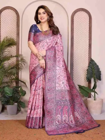 NEW ARRIVAL PASHMINA SILK KASHMIRI THREAD WOVEN PALLU WITH HEAVY RAJWADI ZARI WEAVING WORK SAREE WITH UNSTITCHED BLOUSE BABY PINK