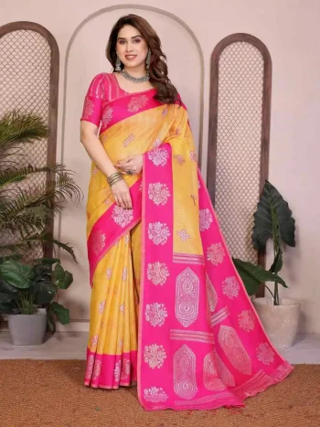 NEW PASMINA SILK BANARASI ZARI WOVEN PALLU WITH HEAVY RAJWADI ZARI WEAVING WORK SAREE WITH UNSTITCHED BLOUSE YELLOW