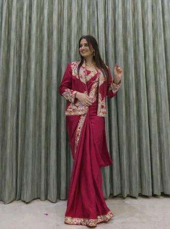 RICH LOOK CREPE EMBROIDERY SEQUENCE CODING WORK READY TO WEAR SAREE WITH BLOUSE AND KOTI