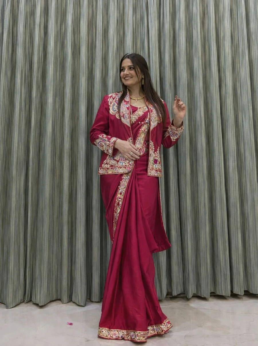 1RICH LOOK CREPE EMBROIDERY SEQUENCE CODING WORK READY TO WEAR SAREE WITH BLOUSE AND KOTI PARTY WEAR WHOLESALE PRICE ETHNIC GARMENT (6)