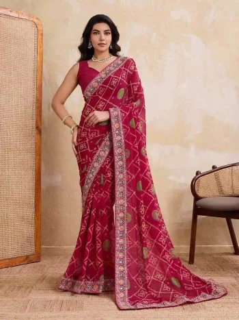 RICH LOOK GEORGETTE BANDHEJ PRINT WITH CUTWORK LACE BORDER WORK SAREE WITH UNSTITCHED BLOUSE RANI